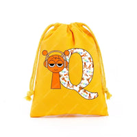 Yellow drawstring bag with cartoon letter.