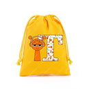 Yellow drawstring bag with cartoon character and letter.