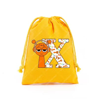 Yellow drawstring bag with cartoon graphics.