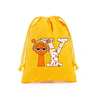 Yellow drawstring bag with cartoon character and letter Y.