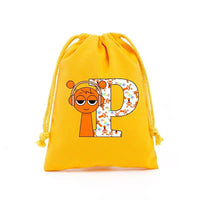 Yellow drawstring bag with cartoon character and letter.