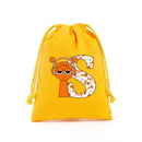 Yellow drawstring bag with cartoon character and letter.