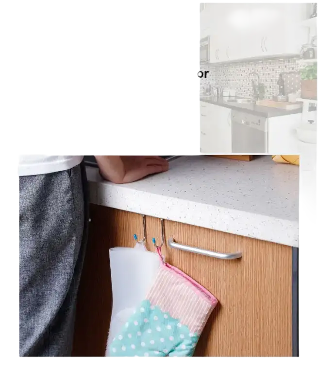 Kitchen cabinet door with hanging hooks.