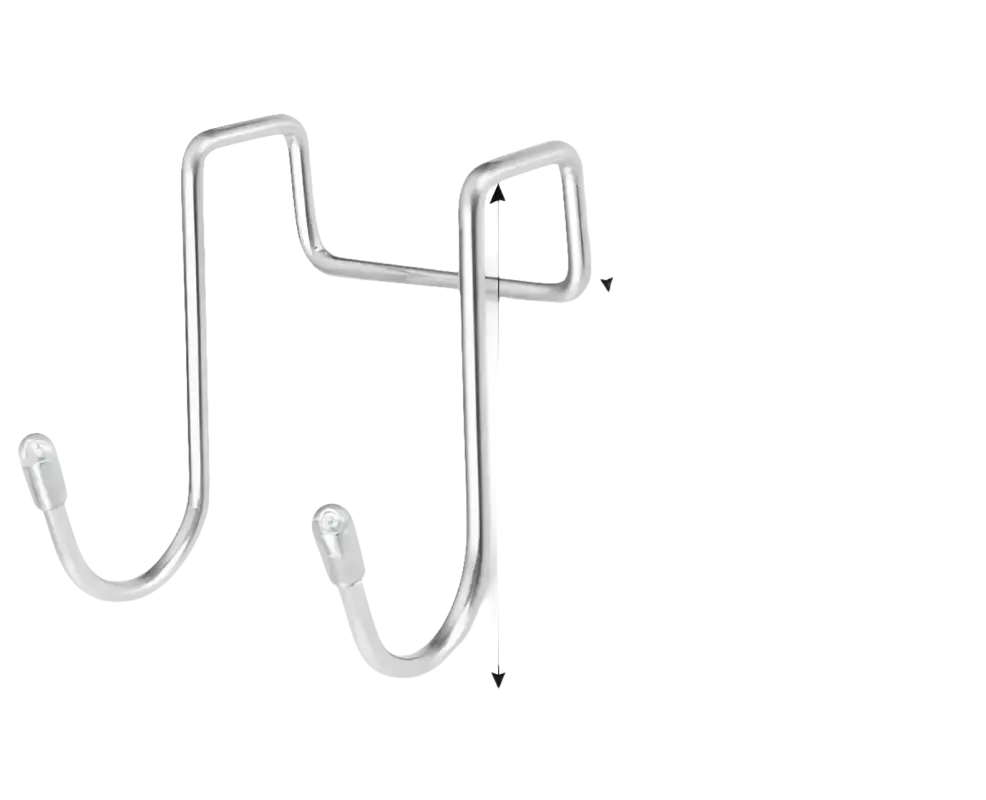 Stainless steel over-the-door hooks with dimensions.