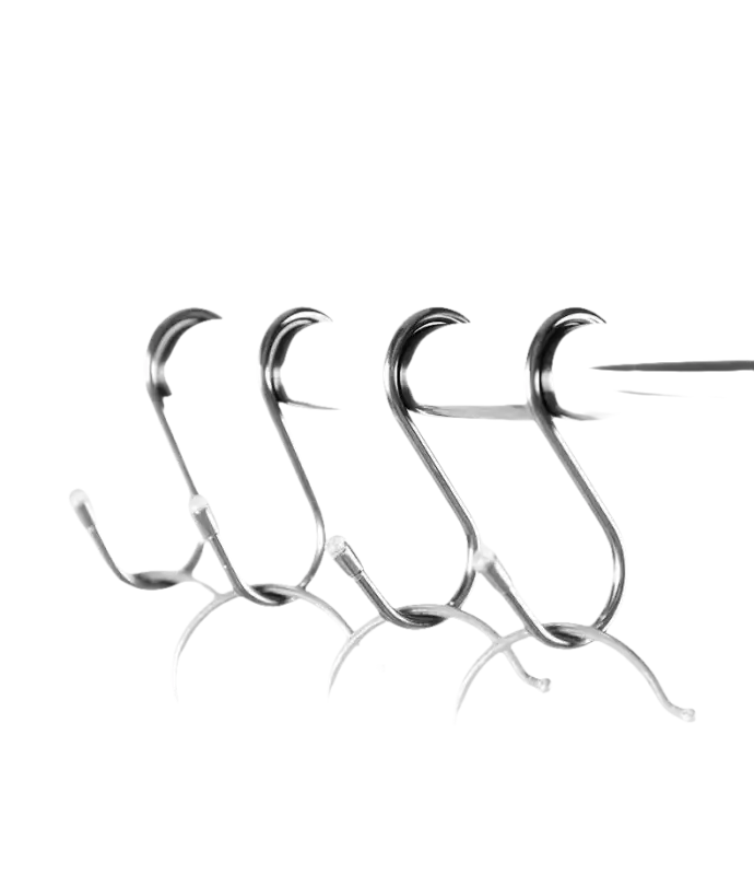 Stainless steel S-hooks.