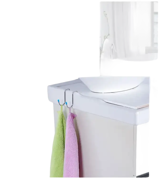 Toilet-mounted towel hooks with towels.