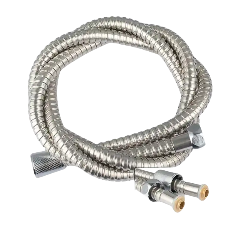 Flexible metal shower hose with fittings.