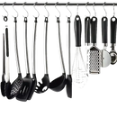 Kitchen utensils hanging on a rack.