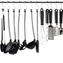 Kitchen utensils hanging on a rod.