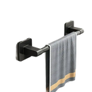 Black metal towel rack with dimensions.