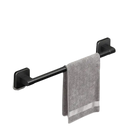 Black metal towel bar with gray towel.
