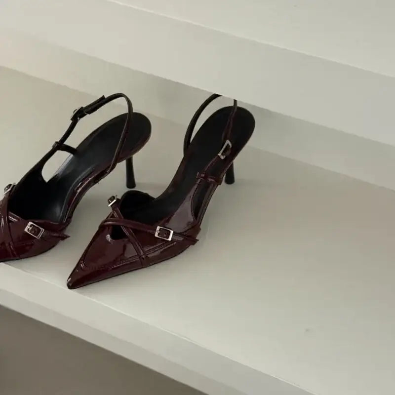 Darling Burgundy and White Buckled Slingback Sandal Heels