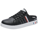Black slip-on sneaker with white sole.