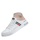 White slip-on sneakers.