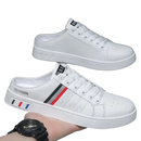 White slip-on sneakers.