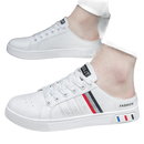 White slip-on sneakers.