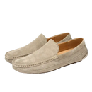 Beige suede loafers.