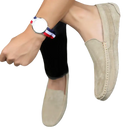 Beige suede loafers.