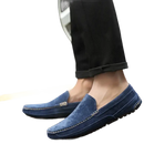 Blue suede loafers.