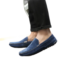 Blue suede loafers.