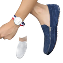 Blue suede loafers.