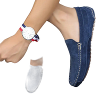Blue suede loafers.