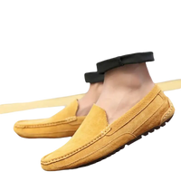 Mustard-colored suede loafers.