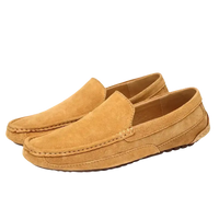 Pair of tan suede loafers.