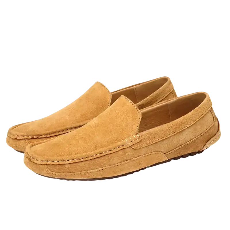 Pair of tan suede loafers.