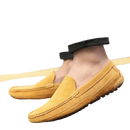 Tan suede moccasins.