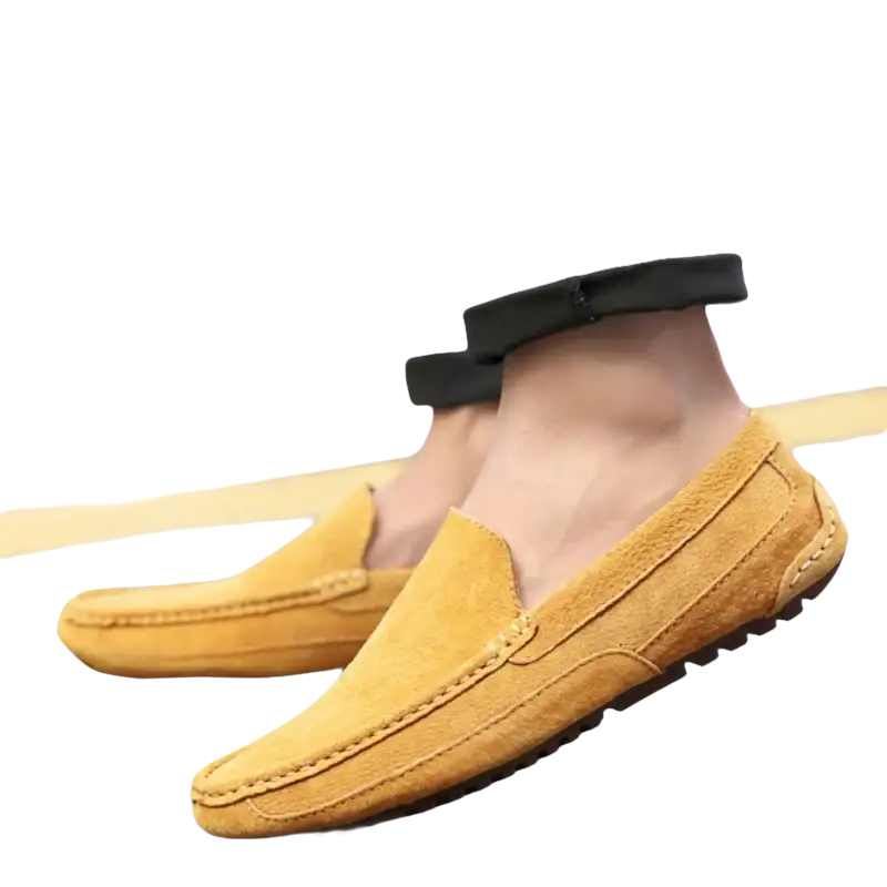 Tan suede moccasins.