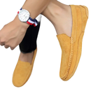 Yellow suede loafers.