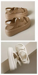 New Summer Women Chunky Sandals Leather High Platform Trainers Breathable Casual Slippers Shoes Woman 7.5CM Heels Wedge