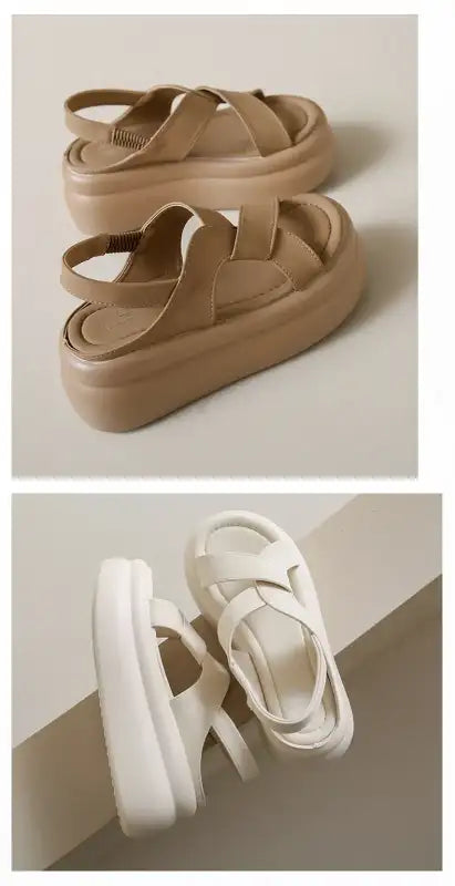 New Summer Women Chunky Sandals Leather High Platform Trainers Breathable Casual Slippers Shoes Woman 7.5CM Heels Wedge