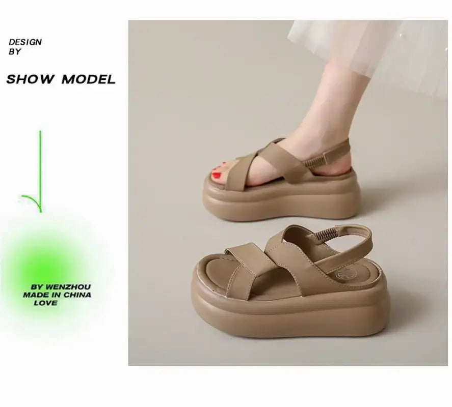 New Summer Women Chunky Sandals Leather High Platform Trainers Breathable Casual Slippers Shoes Woman 7.5CM Heels Wedge
