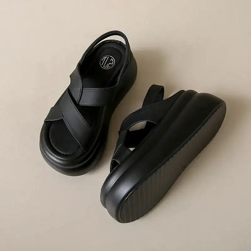 New Summer Women Chunky Sandals Leather High Platform Trainers Breathable Casual Slippers Shoes Woman 7.5CM Heels Wedge