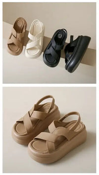 New Summer Women Chunky Sandals Leather High Platform Trainers Breathable Casual Slippers Shoes Woman 7.5CM Heels Wedge