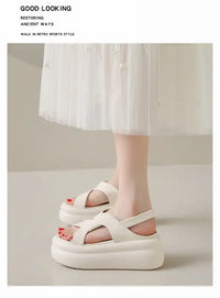 New Summer Women Chunky Sandals Leather High Platform Trainers Breathable Casual Slippers Shoes Woman 7.5CM Heels Wedge