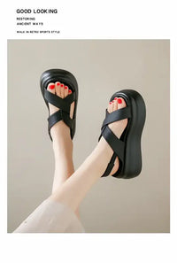New Summer Women Chunky Sandals Leather High Platform Trainers Breathable Casual Slippers Shoes Woman 7.5CM Heels Wedge