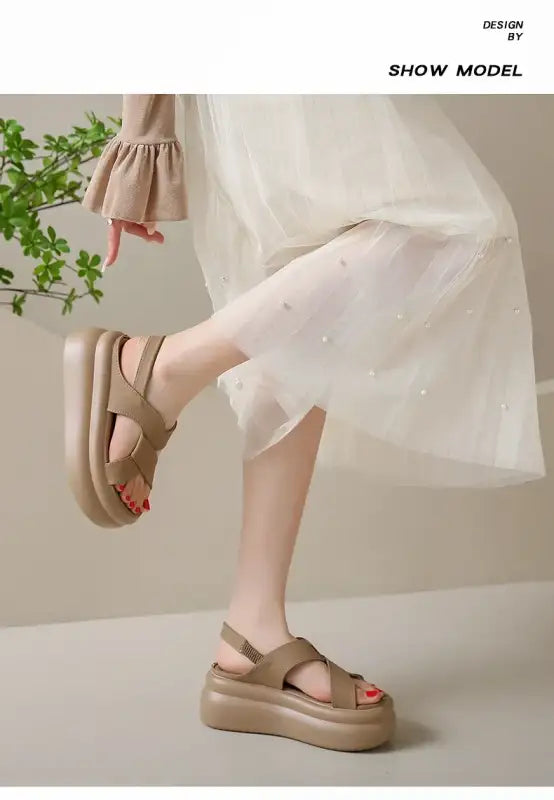 New Summer Women Chunky Sandals Leather High Platform Trainers Breathable Casual Slippers Shoes Woman 7.5CM Heels Wedge