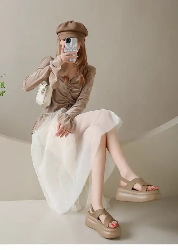 New Summer Women Chunky Sandals Leather High Platform Trainers Breathable Casual Slippers Shoes Woman 7.5CM Heels Wedge