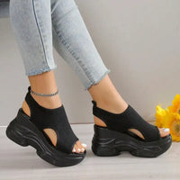 Thick Soled Sandals For Women Summer Mesh Breathable Peep Toe Sloping Heel Sandals Plus Size Sports Walking Mesh Flat