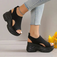 Thick Soled Sandals For Women Summer Mesh Breathable Peep Toe Sloping Heel Sandals Plus Size Sports Walking Mesh Flat