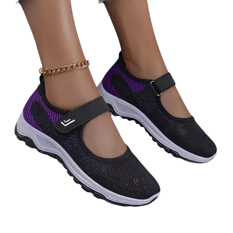 Black and purple Mary Jane style sneakers.