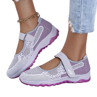 White and purple Mary Jane sneakers.
