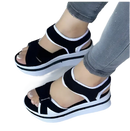 Black and white platform sandals.