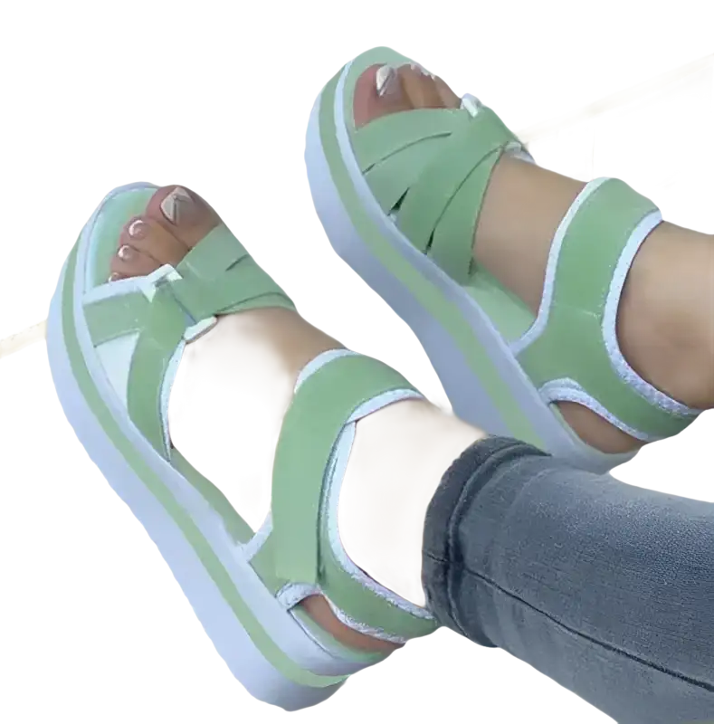Green platform sandals.
