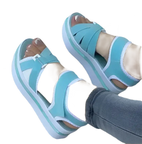 Turquoise and white platform sandals.