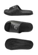 Black cartoon-patterned slide sandal.