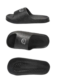 Black cartoon-patterned slide sandal.